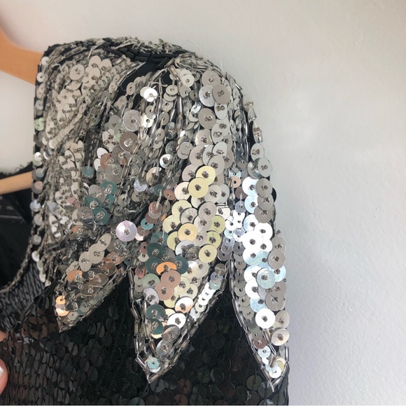 VTG ROYAL FEELINGS blouse Silk Bead sequin Black Silver DYNASTY SZ M 80s Formal - Picture 5 of 13